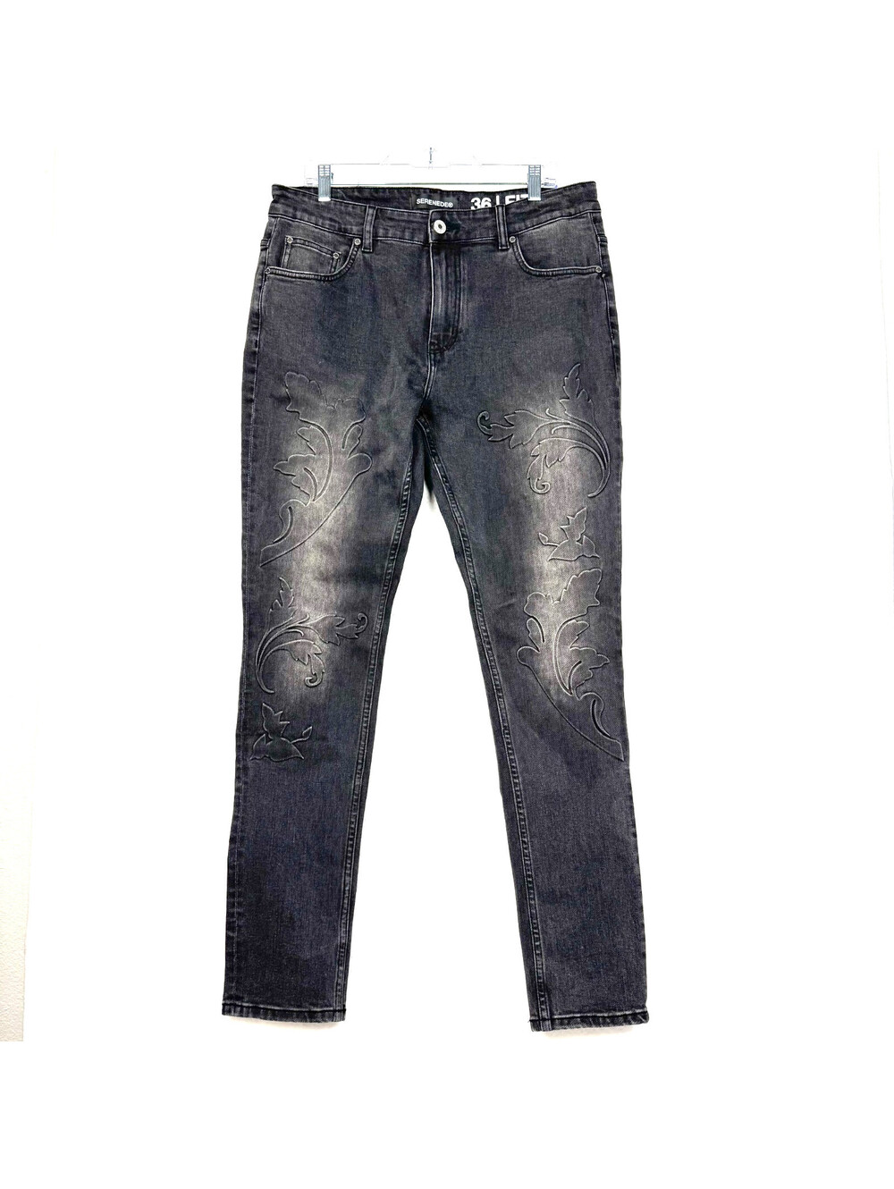 Serenede Mens 36 Fitted Denim Embossed Floral Black Stretched Jeans